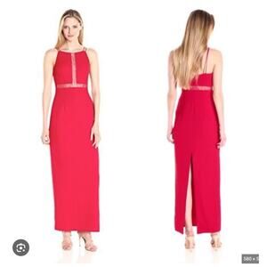 Aidan by Aidan Mattox Long Crepe Gown Maxi Dress Lace Illusion Red Size 6